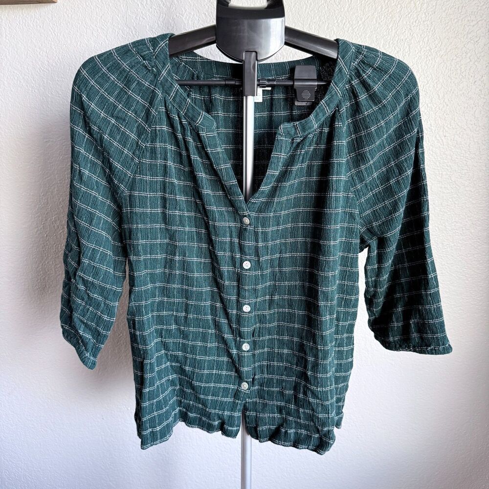 J. Jill Crinkle Plaid Button Up Boxy 3/4 Sleeve Women's Blouse Shirt XL Petite